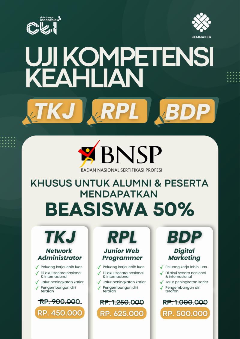 LPK CTI Buka Pendaftaran Uji Kompetensi BNSP: Diskon 50% Khusus Alumni dan Peserta untuk TKJ, RPL, dan BDP